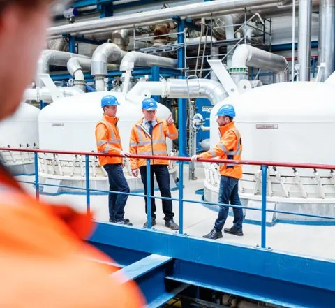Drei Mitarbeiter in Warnkleidung auf einer Industrieanlage